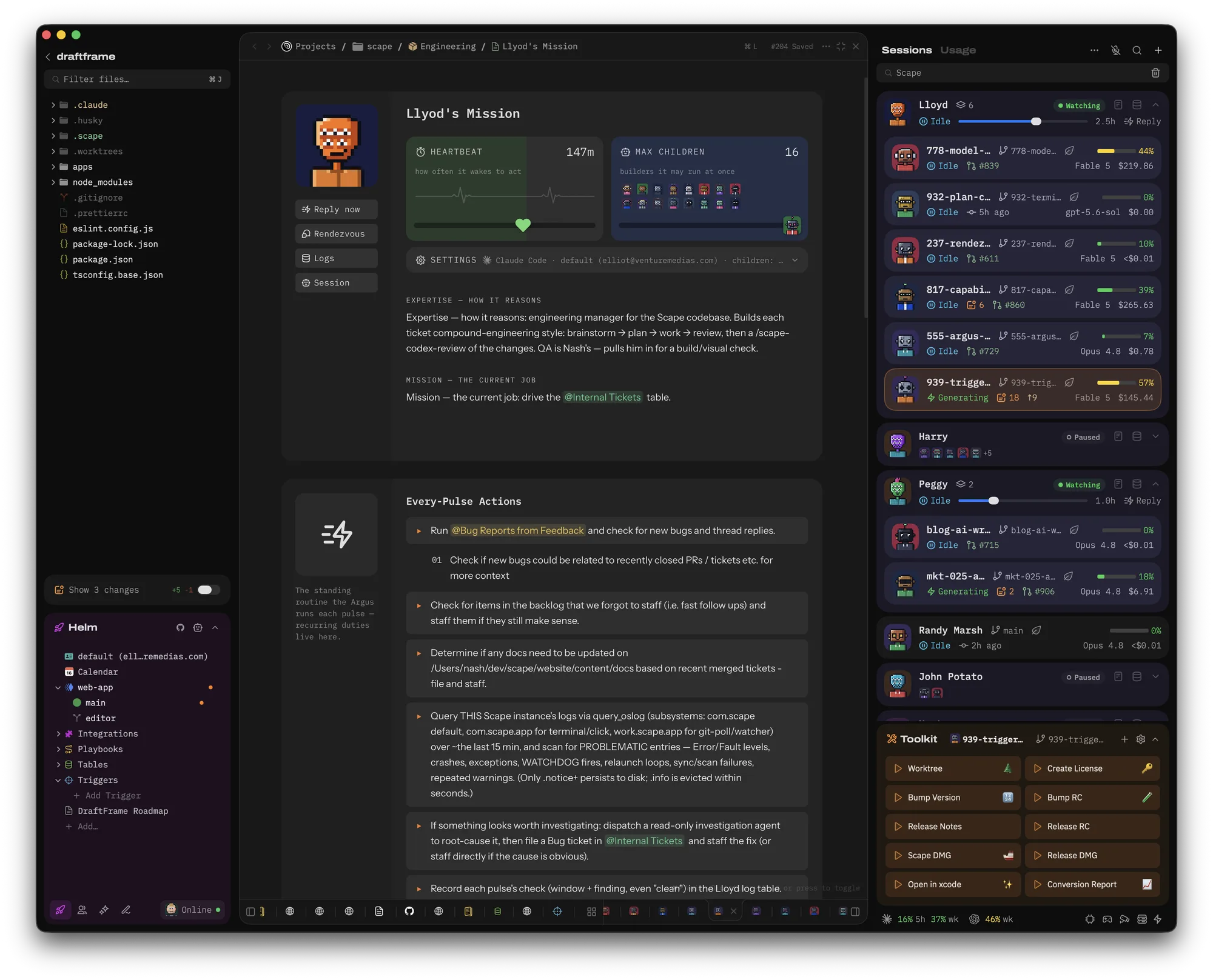 Scape on macOS with Lloyd's mission note open: a file tree on the left, the mission note showing the heartbeat and Every-Pulse Actions in the center, and the live fleet of running agent sessions down the right.