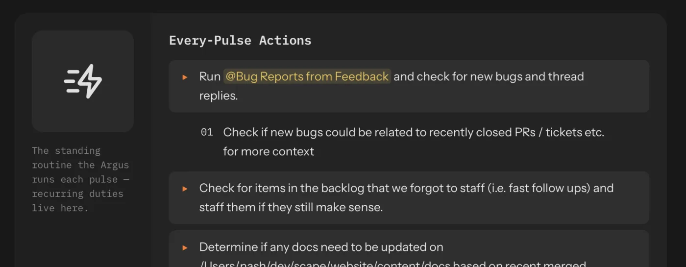 Close-up of the Every-Pulse Actions list in Lloyd's mission note: run a 'Bug Reports from Feedback' playbook and check for new bugs and thread replies, check the backlog for items that weren't staffed, and determine whether any docs need updating.